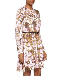 Long Sleeve Floral Print Jersey Dress, Pink/Brown