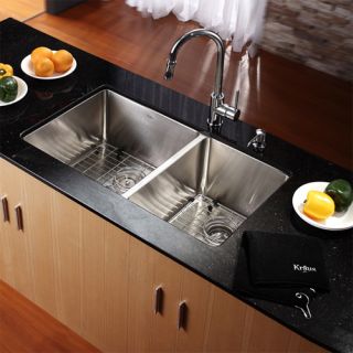 Kraus KHU10233KPF1622KSD30CH 33 inch Undermount Double Bowl Stainless Steel Kitchen Sink with Chrome Kitchen Faucet and Soap Dispenser