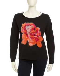 Sequin Rose Print Sweater, Black, Womens