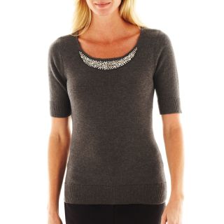 LIZ CLAIBORNE Elbow Sleeve Jeweled Neck Sweater, Grey, Womens
