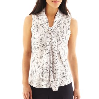 Nine & Co Black Label by Evan Picone Dot Print Tie Neck Blouse, White