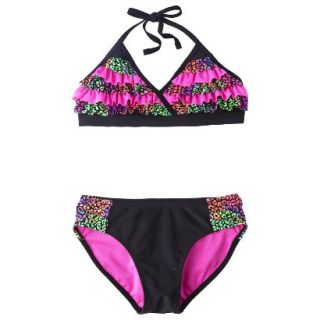 Girls 2 Piece Ruffled Leopard Spot Bikini Swimsuit Set   Black/Pink XS