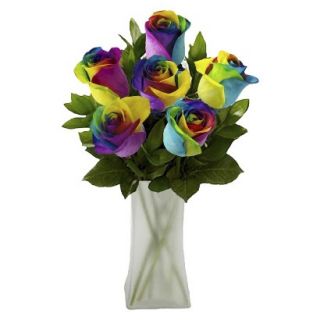 Fresh Cut Rainbow Roses with Vase   6 Stems