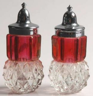 Indiana Glass Diamond Point Ruby Salt and Pepper Set   Clear W/Ruby Band,Heavy P