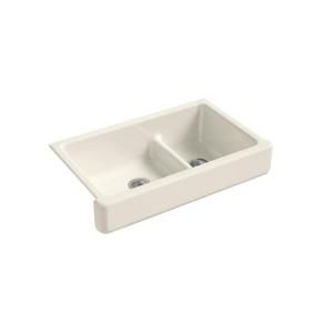 KOHLER Whitehaven Under Mount Cast Iron 21.5625x35.5x9.625 0 Hole Double Bowl Kitchen Sink in Biscuit K 6426 96