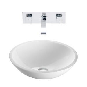 Vigo Flat Edged Stone Glass Vessel Sink in White Phoenix and Wall Mount Faucet Set in Chrome VGT227
