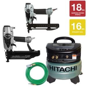 Hitachi 4 Piece 16 Gauge 2 1/2 in. Finish Nailer with Air Duster 1/4 in. Narrow Crown Stapler 6 Gal. Compressor and Air Hose Kit KCP 65M 38 H
