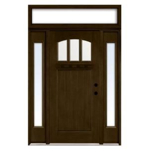 Steves & Sons Craftsman 3 Lite Arch Stained Mahogany Wood Left Hand Entry Door with Sidelites and Transom 6 in. Wall M4151 1210 HY 6LH