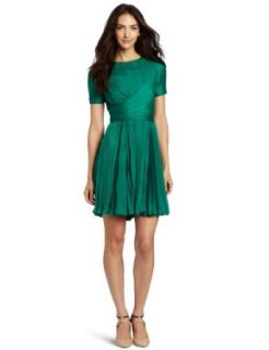 Halston Heritage Women's Short Sleeve Crewneck Pleated Dress, Emerald, 0 at  Womens Clothing store