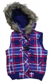 Girls Plaid Puffer Vest with Faux Fur Trimmed Hood, Purple/Fuschia/Blue, Sz 18 Clothing