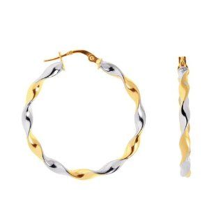 14K Yellow & White Gold Polished Round 2 Tone Twisted Large Hoop Earrings Jewelry