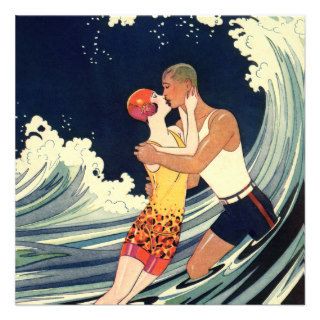 Vintage Art Deco Love Romantic Kiss Beach Wave Custom Announcements