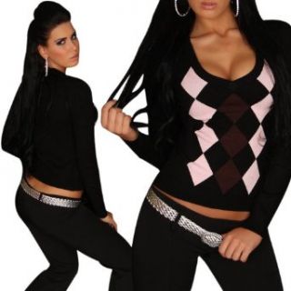 D121 Sexy Pullover mit V Ausschnitt im Karolook V Neck Strickpullover (S/M (34 36), schwarz): Bekleidung