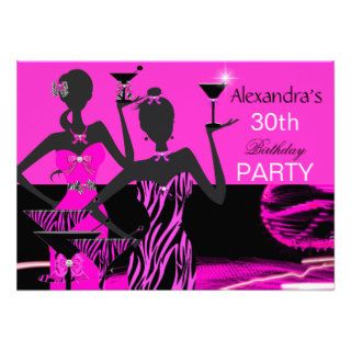 Glamorous Party Girl Pink Zebra Martini Birthday Custom Invitations