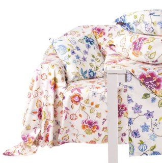 Dekotuch / Sofaüberwurf in 180x270 cm mit schönem Blumen Muster in pink und blau: Küche & Haushalt