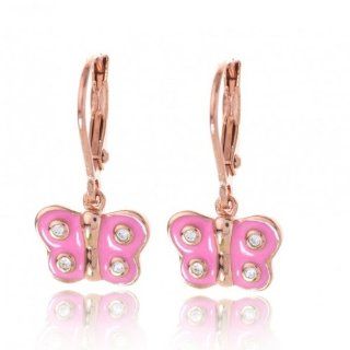 Kids Earrings   Sterling Silver 14k Rose Gold Plated Pink Enamel Cz Butterfly Secure Leverback Earrings: Dangle Earrings: Jewelry
