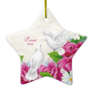 Love Doves + Flowers   Heart shaped Ornament