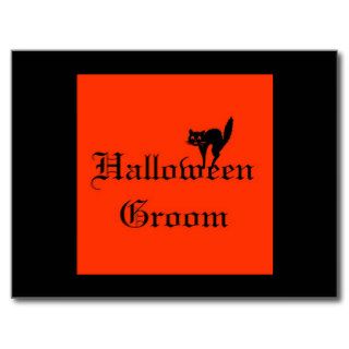 Halloween Groom with Black Cat   Orange and Black Post Card