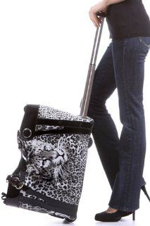 Grey Black Leopard Cheetah Design Faux Patent Trim Rolling Duffle Bag With Padded Laptop Pocket Computers & Accessories