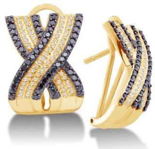 14K Yellow Gold Large Micro Pave Set Round White and Black Diamond Cross Over Hoop Earrings   (1.50 cttw): Sonia Jewels: Jewelry