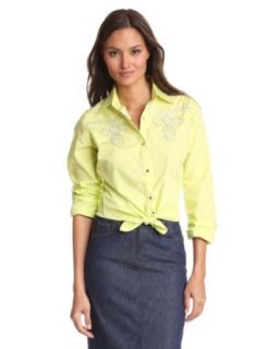 Wrangler Women's Fashion Long Sleeve Shirt, Neon Green, Small Button Down Shirts