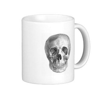 Frontal view drawing of a human skull coffee mug