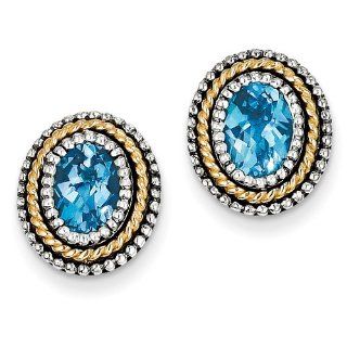 Antique Style Sterling Silver with 14k Yellow Gold Blue Topaz Earrings: Jewelry