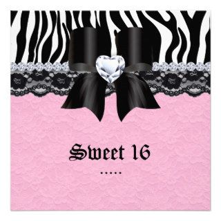 Sweet 16 Party Zebra Lace Heart Bow Baby Pink Personalized Announcements