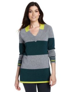 Design History Women's 100% Cashmere Block Stripe V Neck Tunic Sweater, Forest Hills Combo, Medium at  Womens Clothing store