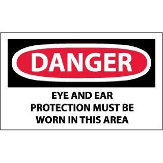 NMC D209AP OSHA Sign, Legend "DANGER   EYE AND EAR PROTECTION MUST BE WORN IN THIS AREA", 5" Length x 3" Height, Pressure Sensitive Vinyl, Black/Red on White (Pack of 5): Industrial Warning Signs: Industrial & Scientific