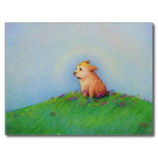 Golden puppy dog beautiful spring day art   Heaven Post Card