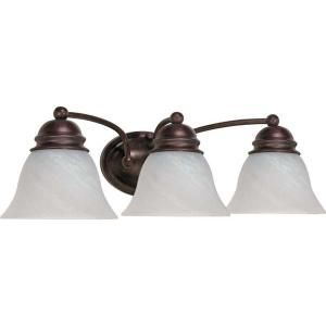 Glomar Empire 3 Light Old Bronze Vanity with Alabaster Glass Bell Shades HD 346