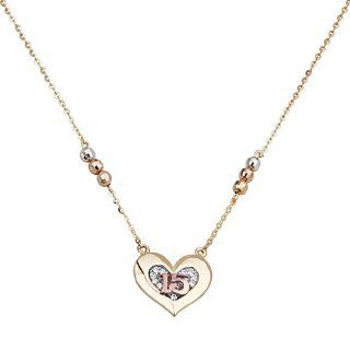 14K Yellow Gold Polished CZ Cubic Zirconia 15 Anos Heart Necklace with Spring ring Clasp   17" +1" Inches Extension: Pendants: Jewelry