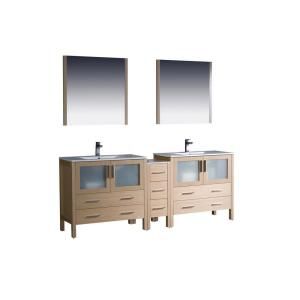 Fresca Torino 84 in. Double Vanity in Light Oak with Ceramic Vanity Top in White and Mirrors FVN62 361236LO UNS