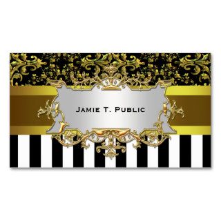 Damask, Black White Stripe Gold Ribbon, Gold Label Business Card Template