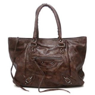 Designer Motocycle Metal Gun Stud Coffee Brown Mirror Strip L Satchel Bag Handbag: Top Handle Handbags: Shoes