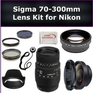 Sigma 70 300mm f/4 5.6 DG Macro Autofocus Lens Kit for Nikon D3000, D3100, D5000, D5100 Digital SLR Cameras. Also Includes: 0.45X Wide Angle Lens, 2X Telephoto Lens, Lens Cap, Lens Hood, Lens Cap Keeper, 3 Piece Filter Kit (UV FLD CPL) and Microfiber Clean