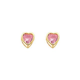 14K Yellow Gold Plated CZ Heart Shape October Pink Tourmaline Birthstone Bezel Stud Earrings for Child & Women (Pink Tourmaline, Light Pink): Jewelry