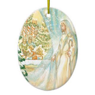 Jesus at Christmas Looking Through Veil of Snow Ornaments