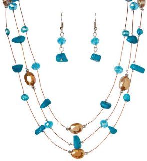 Rhodium Plated Silvertone and String Necklace with Translucent Blue Beads and Stones   Matching Earrings with Fishhook Backings   16" 18" Length   2" 3" Extension: Earring And Necklace Sets: Jewelry