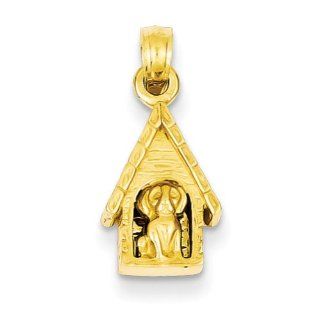 14K Yellow Gold Solid Polished Flat Backed Dog in Dog House Pendant: Jewelry