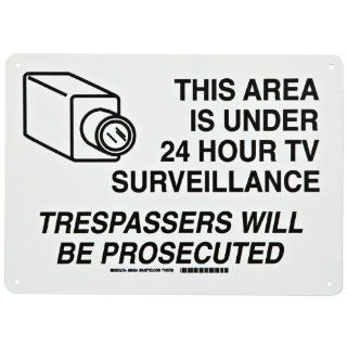 Brady 95424 10" Height, 14" Width, B 401 Plastic, Black On White Color Security Area Sign, Legend "This Area Is Under 24 Hour Tv Surveliillance Trespassers Will Be Prosecuted (With Picto)": Industrial Warning Signs: Industrial & Sci