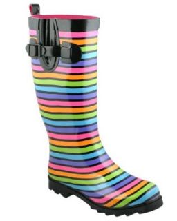 Capelli New York Shiny Fun Stripes Printed Ladies Rubber Rain Boot Black Combo 10: Shoes