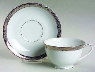 Fukagawa Silver Lichen Footed Cup & Saucer Set, Fine China Dinnerware   Platinum