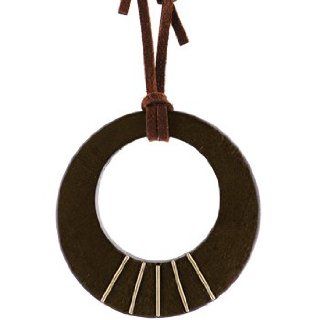 Brown Leather Adjustable Wood Circle Pendant Necklace Jewelry