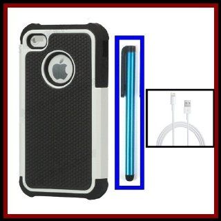 For iPhone 5 5 Hybrid Grainy Silicone Durable Rugged Defender Protection Case Cover White/Black + Blue Stylus Touch Screen Pen + One White 8 Pin to USB Charger Data Cable Cord for iPhone 5 iPod Touch 5th Nano 7th: Cell Phones & Accessories