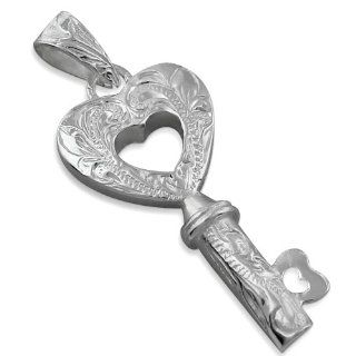 925 Silver Small Heart Key Scroll Pendant Hawaiian Silver Jewelry: Small Sterling Silver Heart Key Pendant: Jewelry