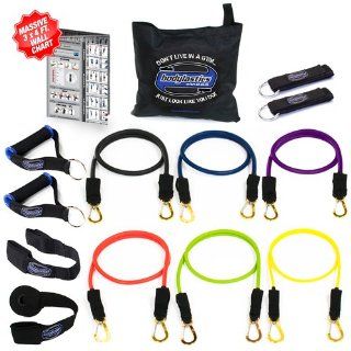Bodylastics 14 pcs Snap Guard Resistance Bands Set with 6 Stackable anti snap exercise tubes, Heavy Duty components, carrying case, massive 3x4 ft. Wall Chart, and FREE 3 month access to over 2000 full length resistance bands workout videos from Pilates to