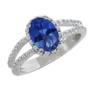 2.08 Ct Oval Sapphire Blue Mystic Topaz White Diamond Sterling Silver Ring: Jewelry