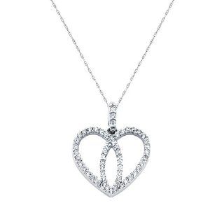 14K White Gold CZ Interlocking Hearts Charm Pendant with 1.0mm Anchor Link Mariner Chain Necklace Set   18" Inches: The World Jewelry Center: Jewelry